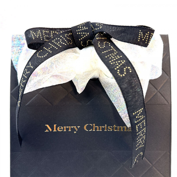 Gift ribbon, MC Deluxe, black with gold Merry Christmas,15mm, giftbag